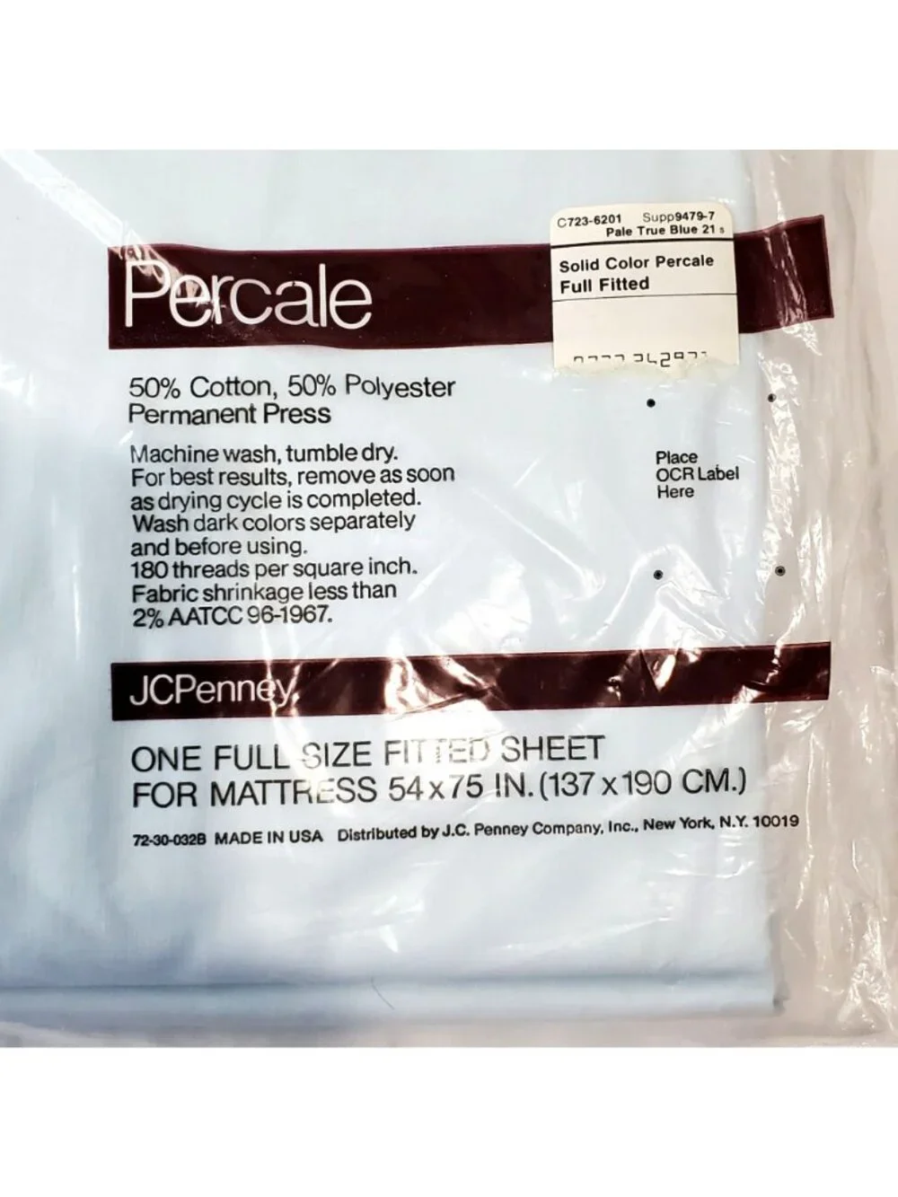 VTG JC Penney Percale Full Size Fitted Sheet Pale Blue 180 Thread Count USA